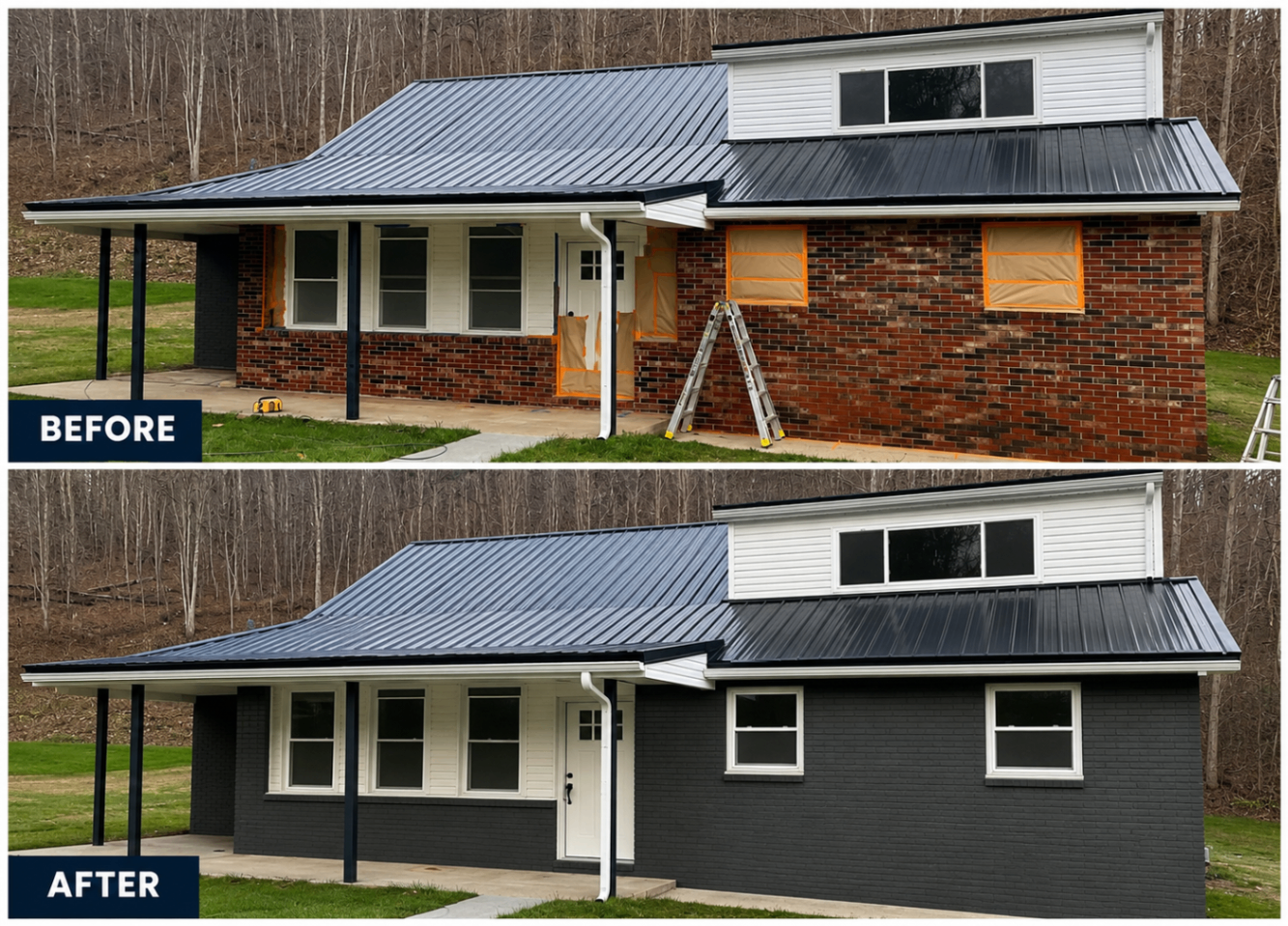 Brick home painted dark charcoal with white trim — before and after
