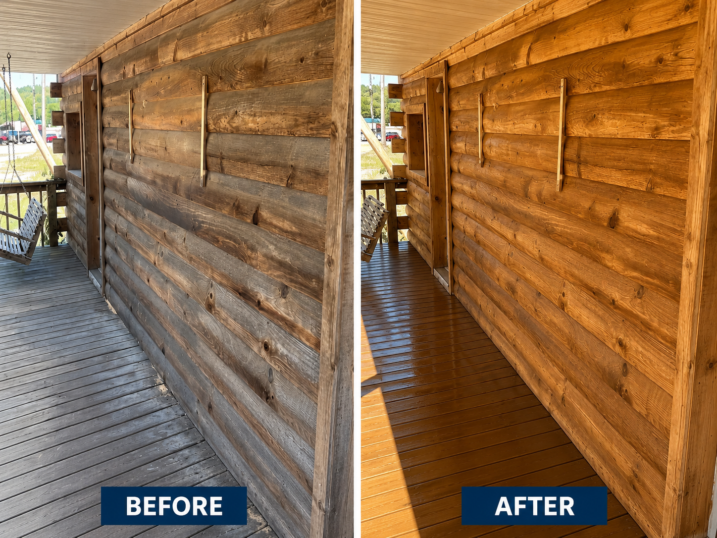 Log cabin siding and porch restained honey brown — before and after