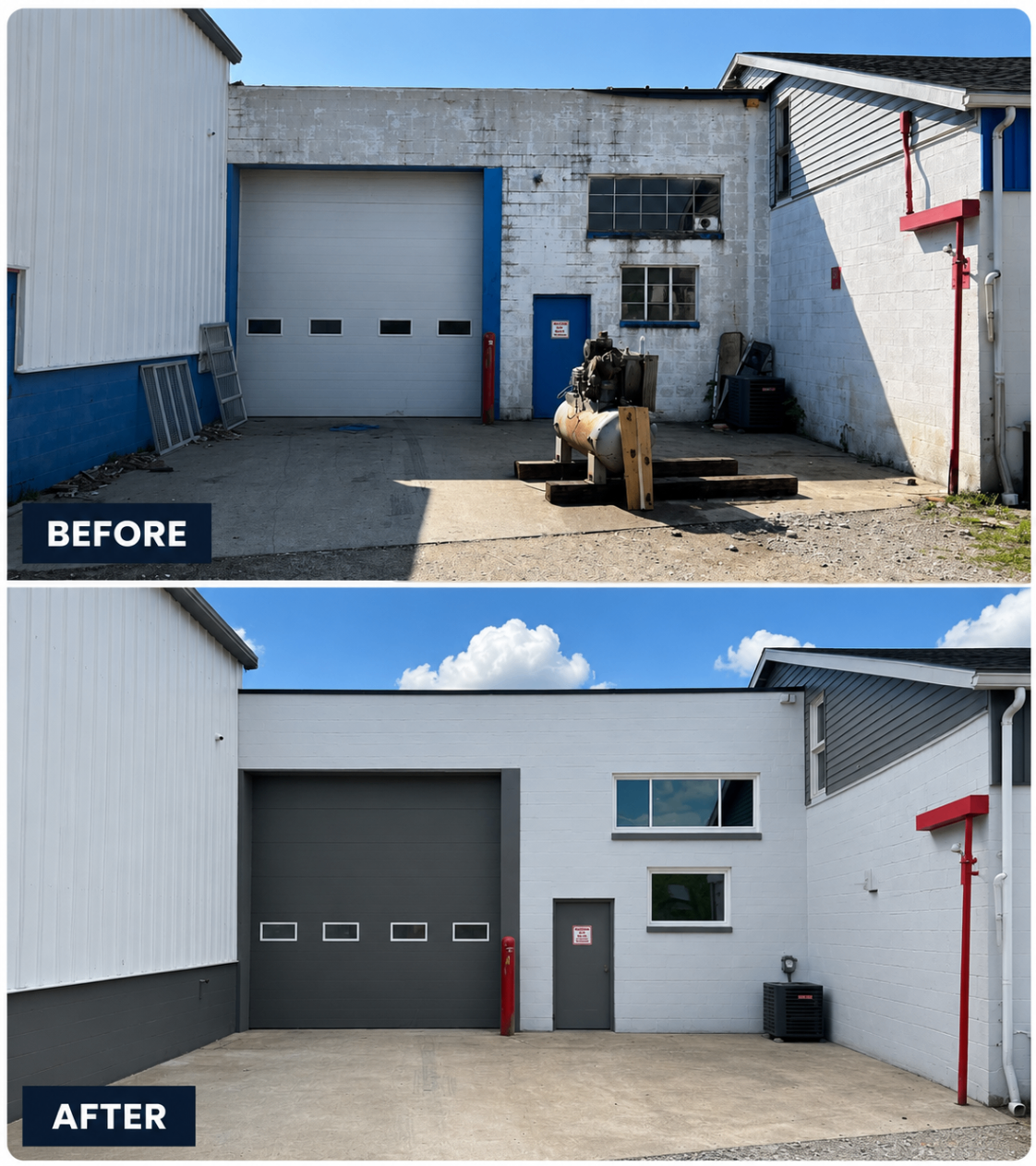 Commercial shop exterior refreshed with white and charcoal paint — before and after
