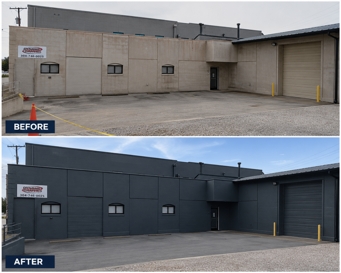 Commercial building exterior repainted dark charcoal — before and after by D-Sea Exterior Solutions