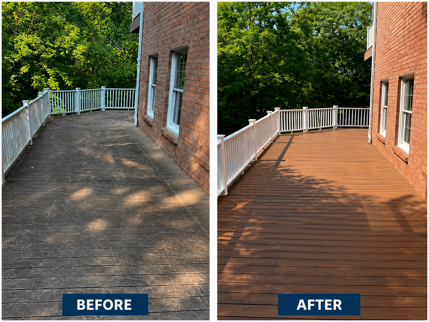Weathered deck restained deep walnut brown — before and after