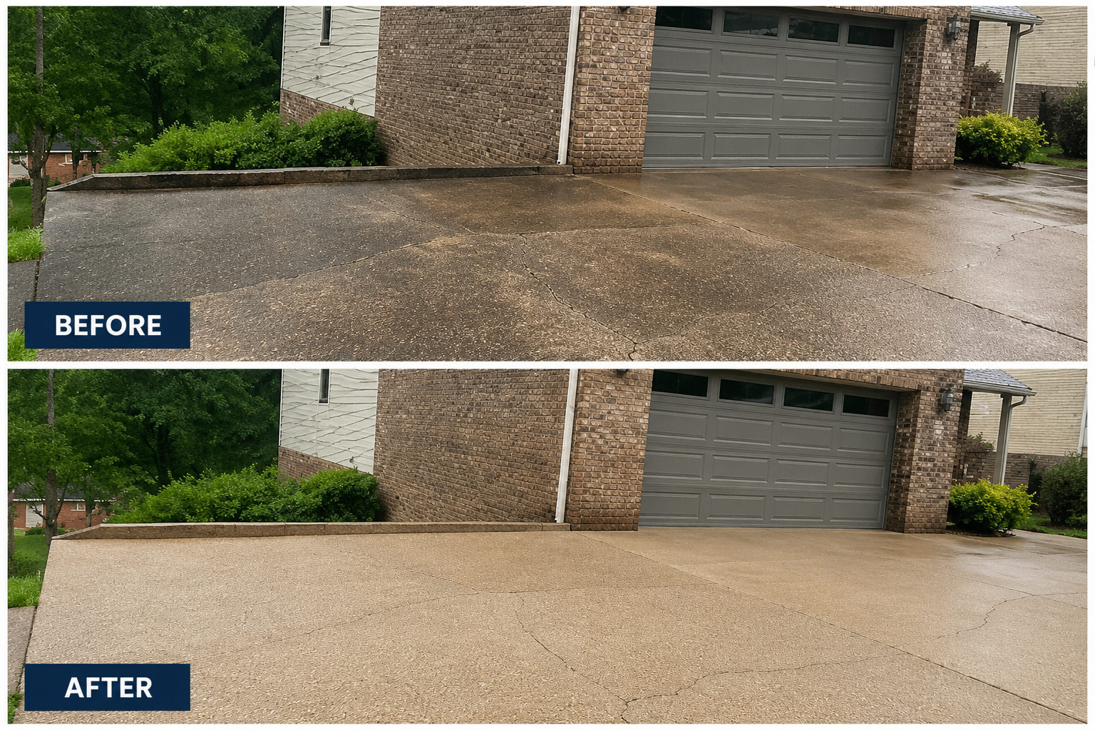 Residential driveway pressure washing — before and after