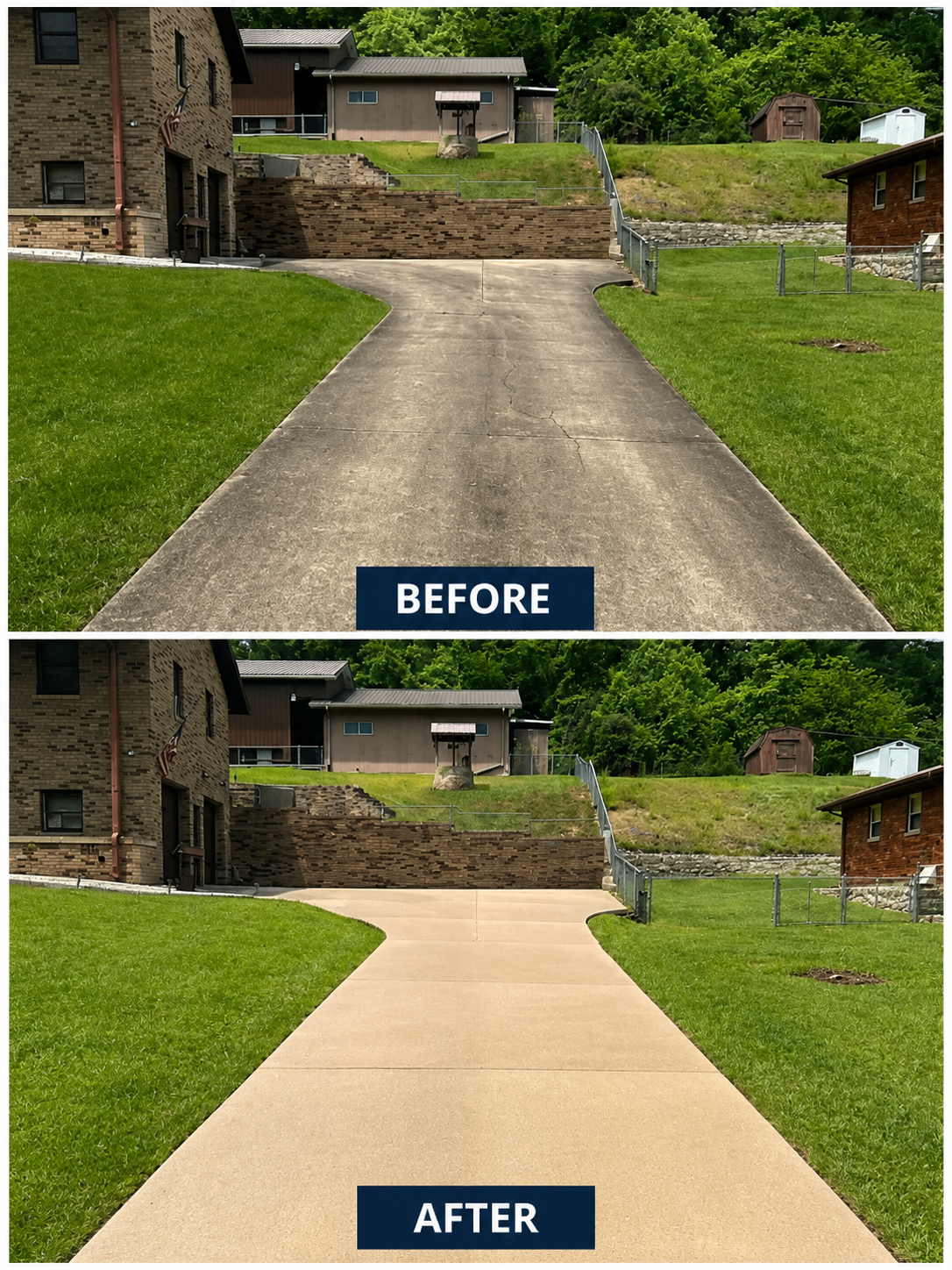 Long concrete driveway pressure washed clean — before and after