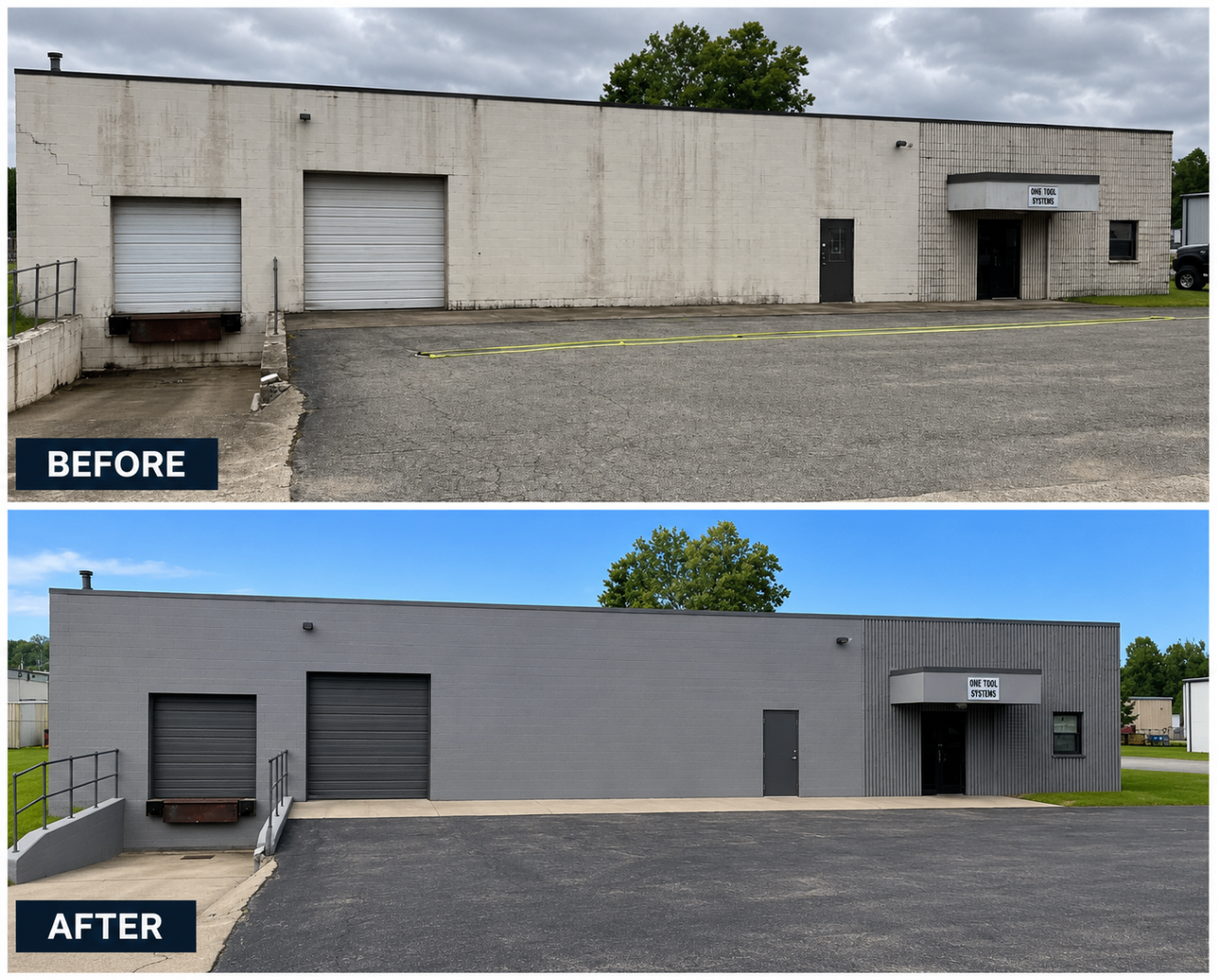 Industrial warehouse exterior painted gray — before and after by D-Sea Exterior Solutions