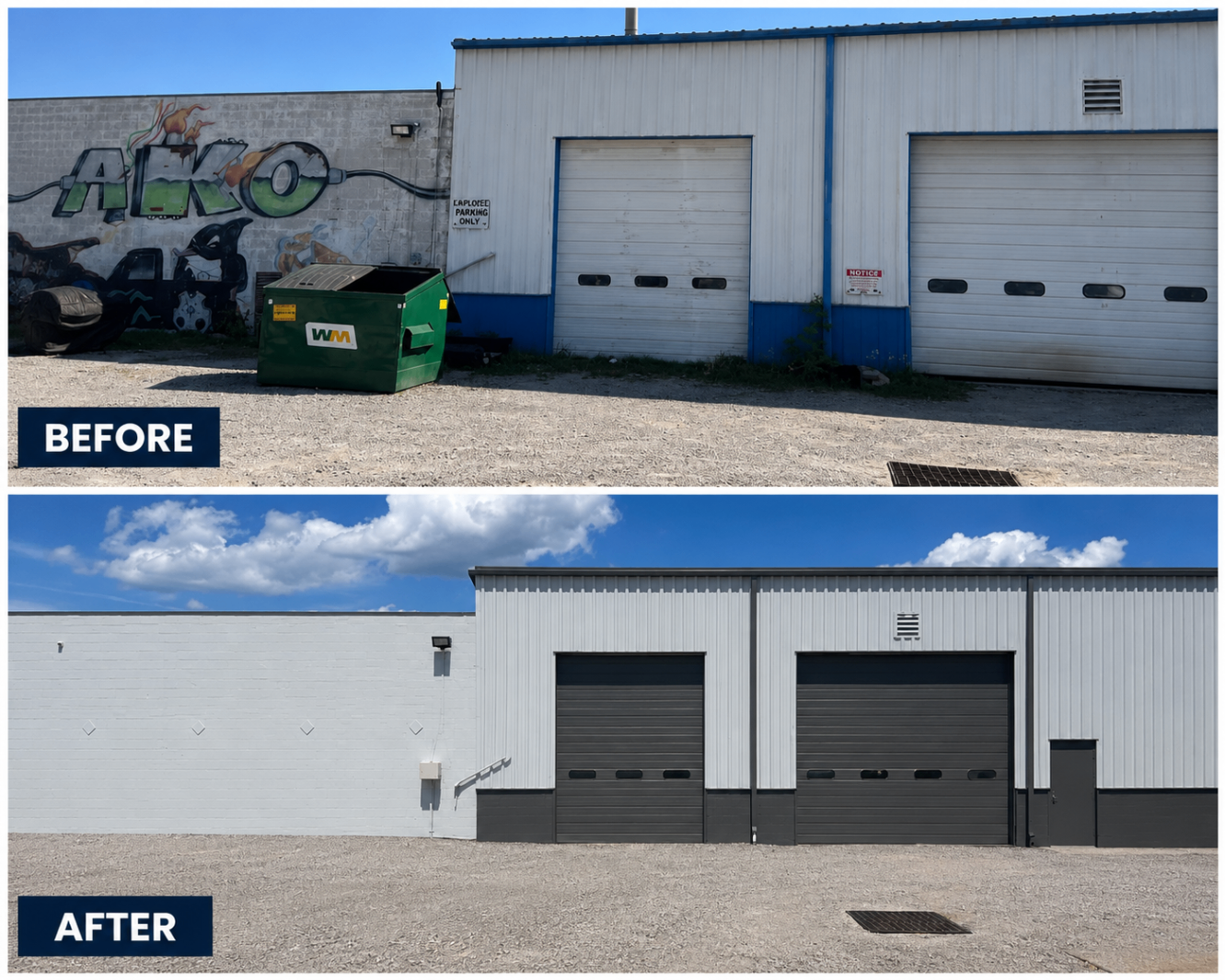 Metal commercial building repainted white with dark accents — before and after
