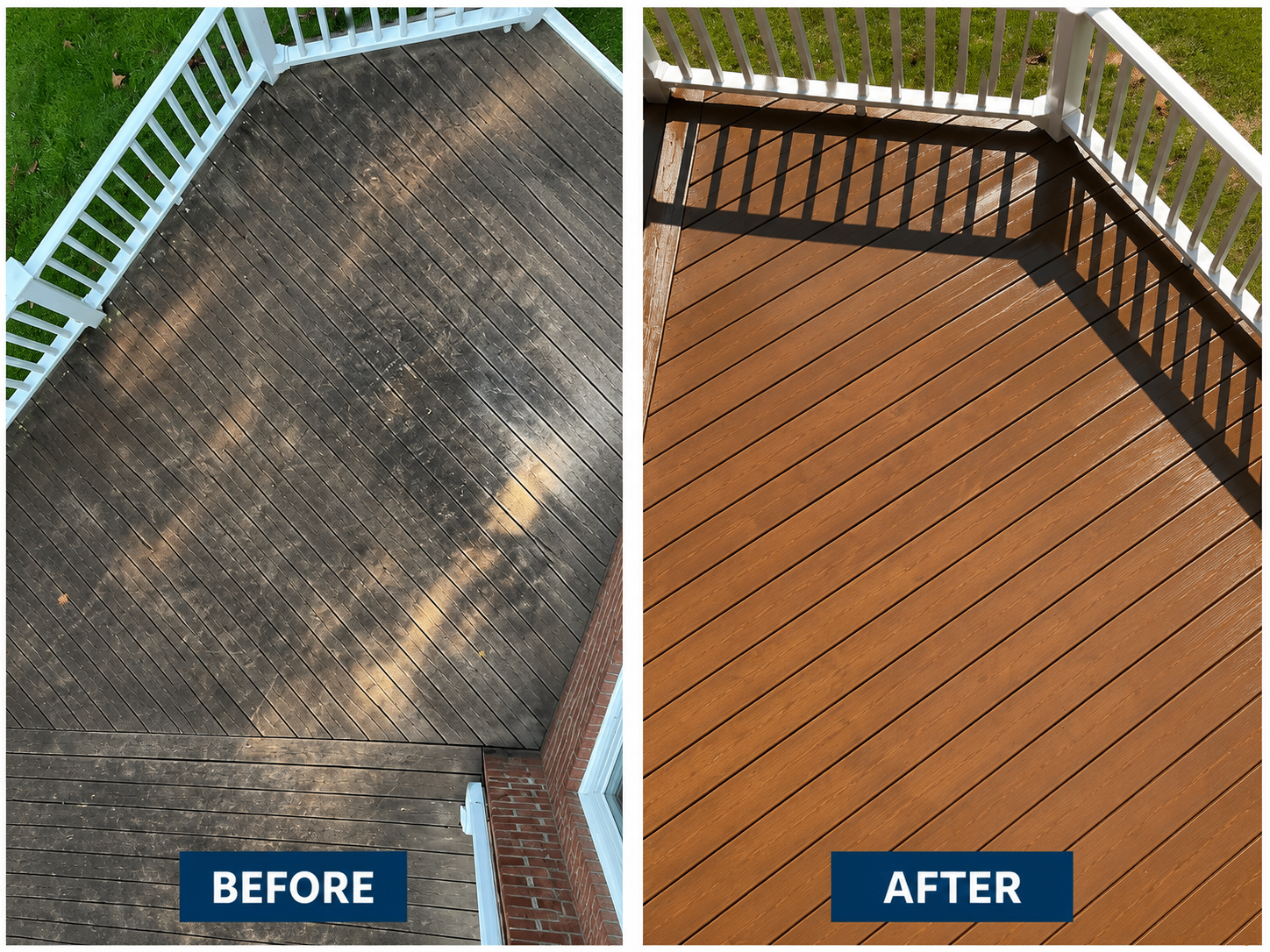 Composite deck cleaned and restored to warm brown — before and after by D-Sea Exterior Solutions