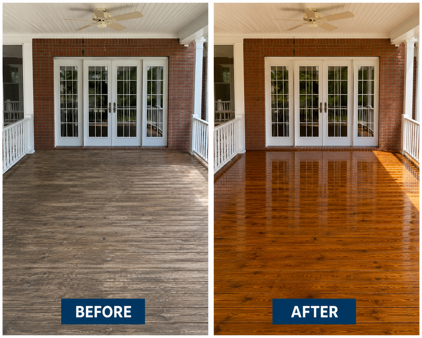 Covered back porch wood floor stained rich amber — before and after