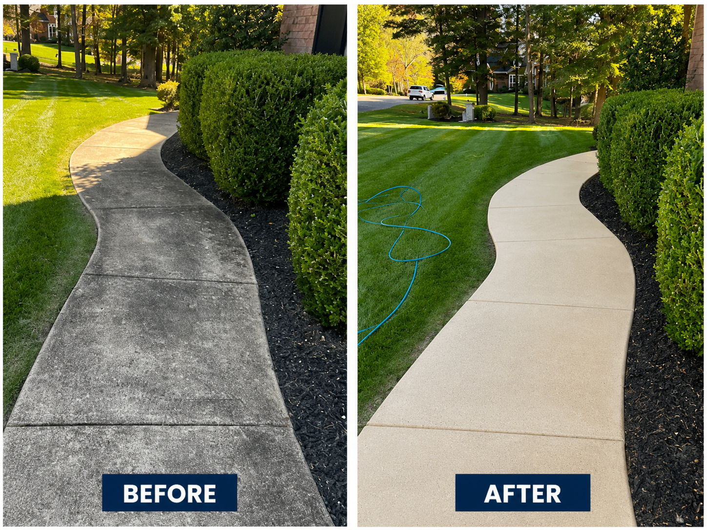 Curved sidewalk pressure washing results — before and after