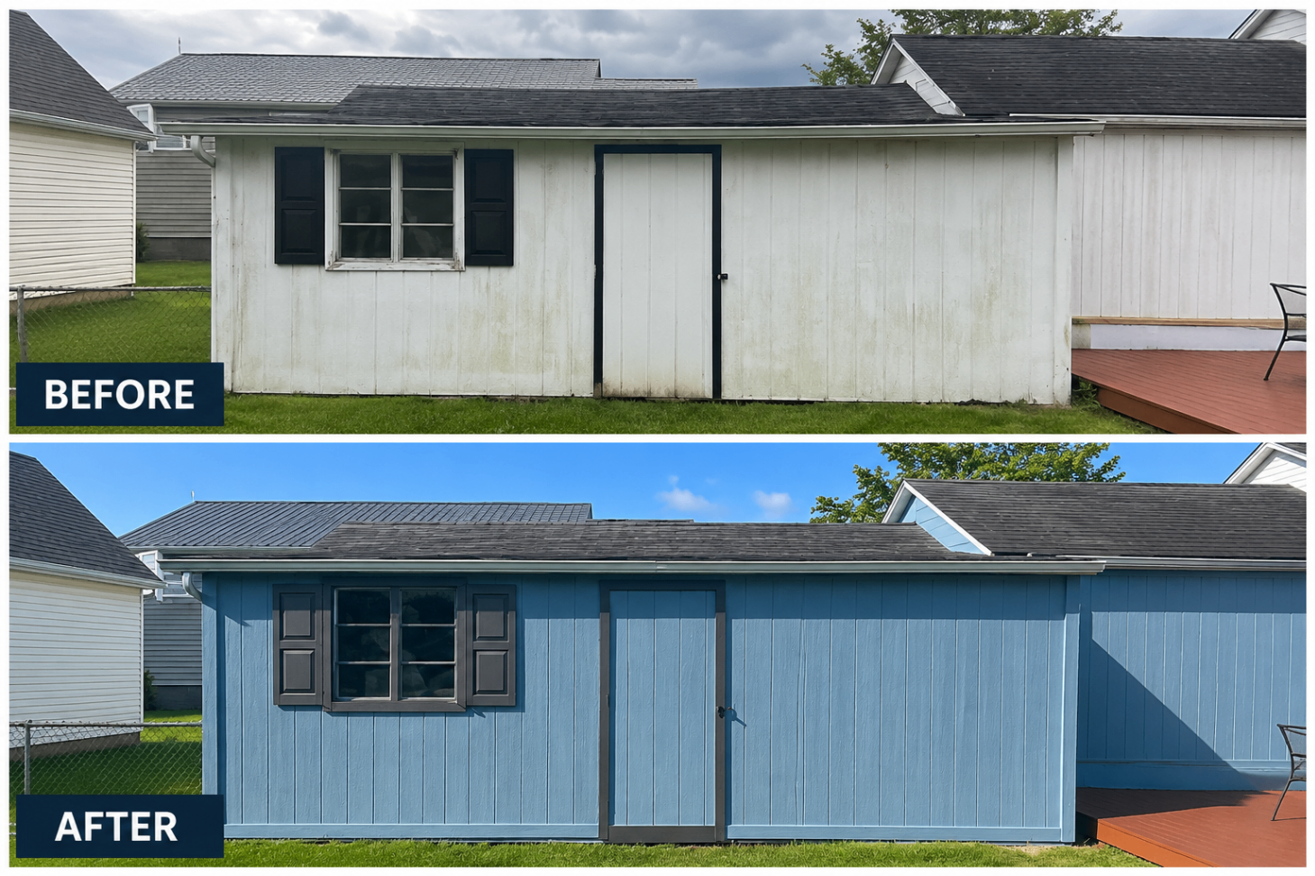 Backyard shed and siding painted blue — before and after residential painting