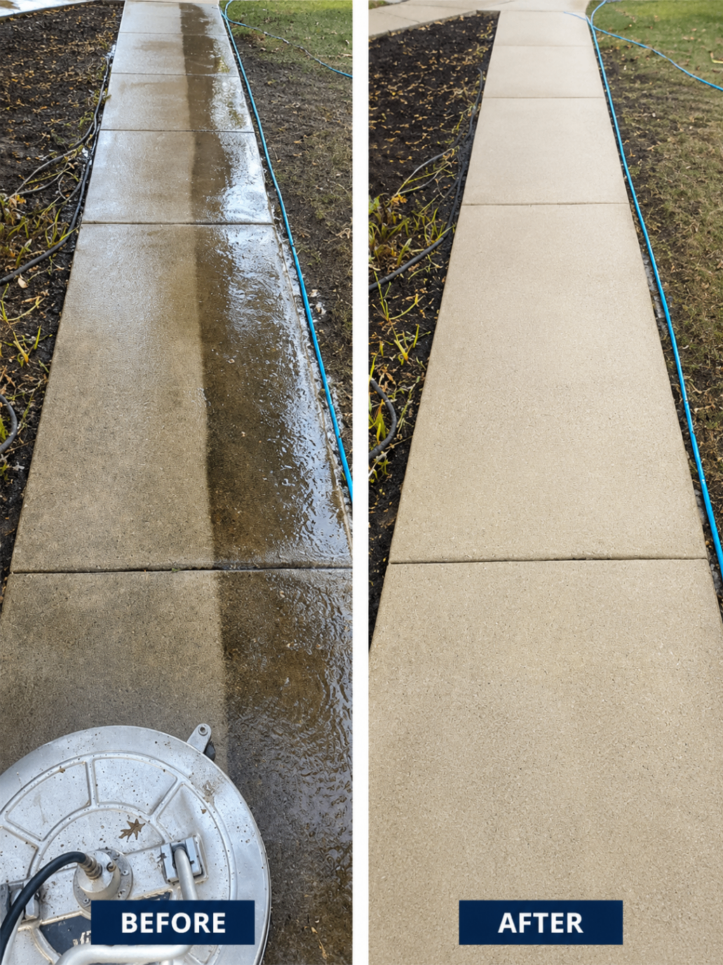 Concrete walkway pressure washed — before and after