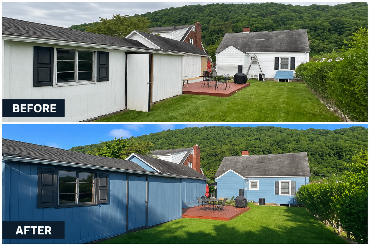 Rear of home painted blue with fresh trim — before and after