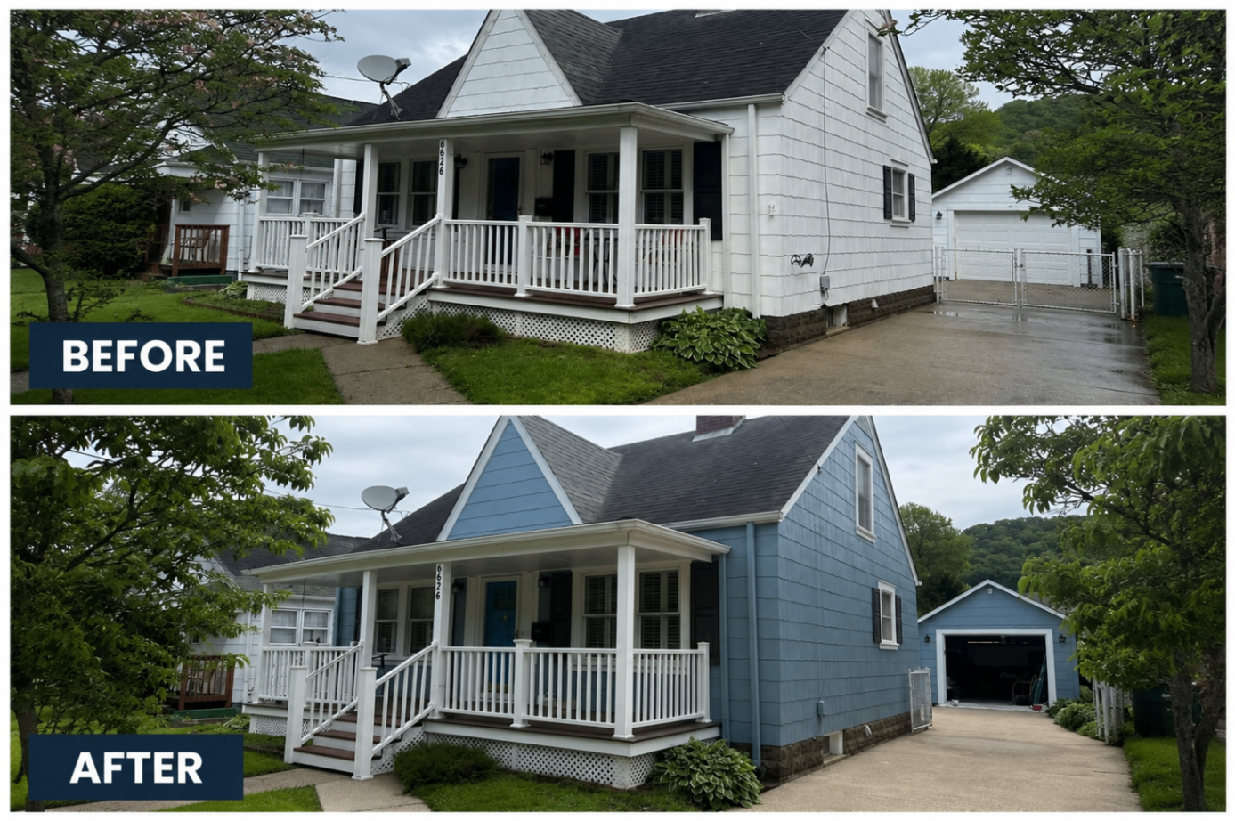 Charleston, WV home painted soft blue with white porch — before and after