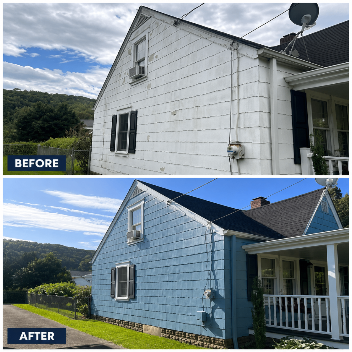 Two-story home exterior painted light blue — before and after by D-Sea Exterior Solutions