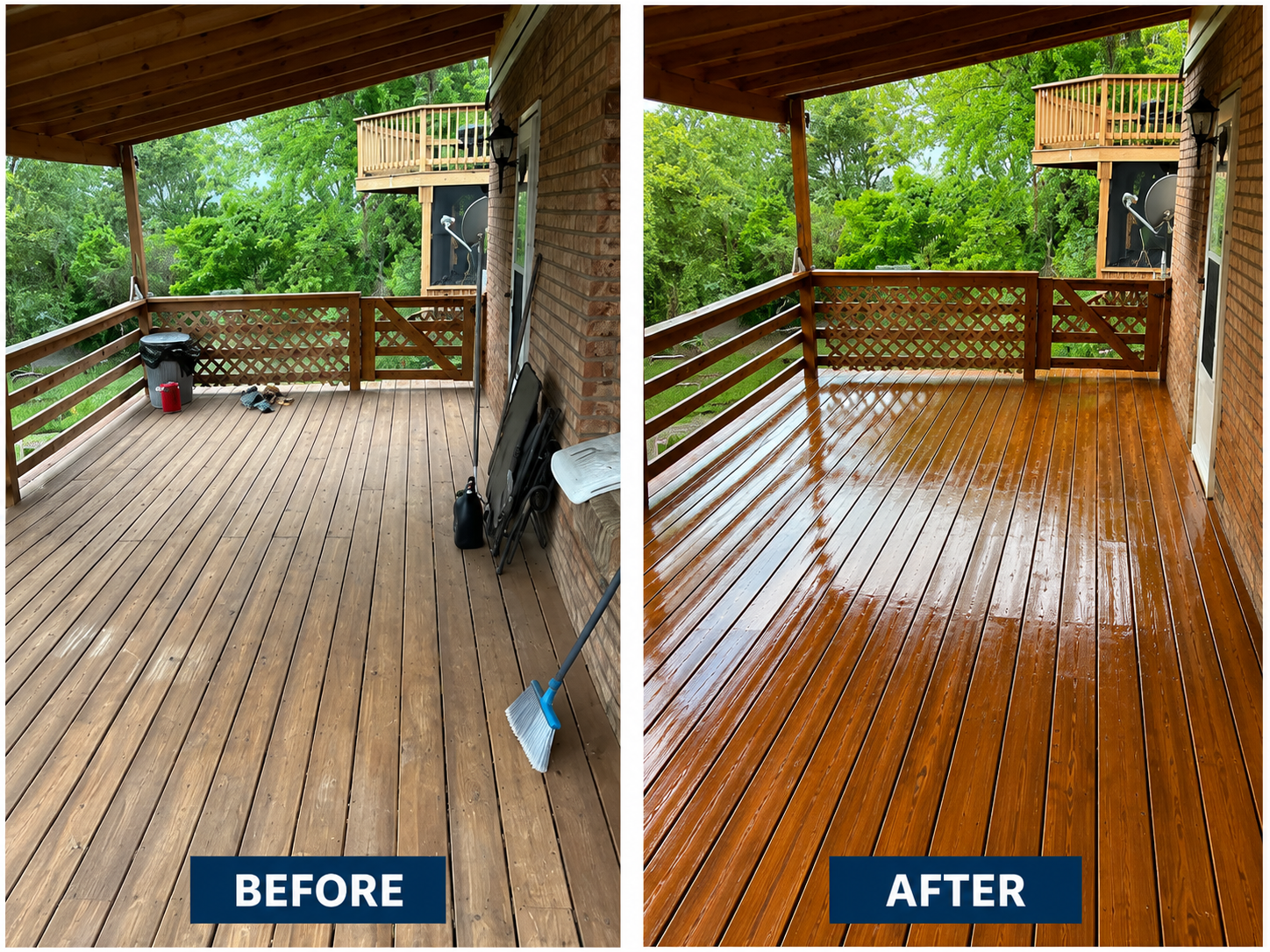 Wood deck refinished with warm cedar stain — before and after